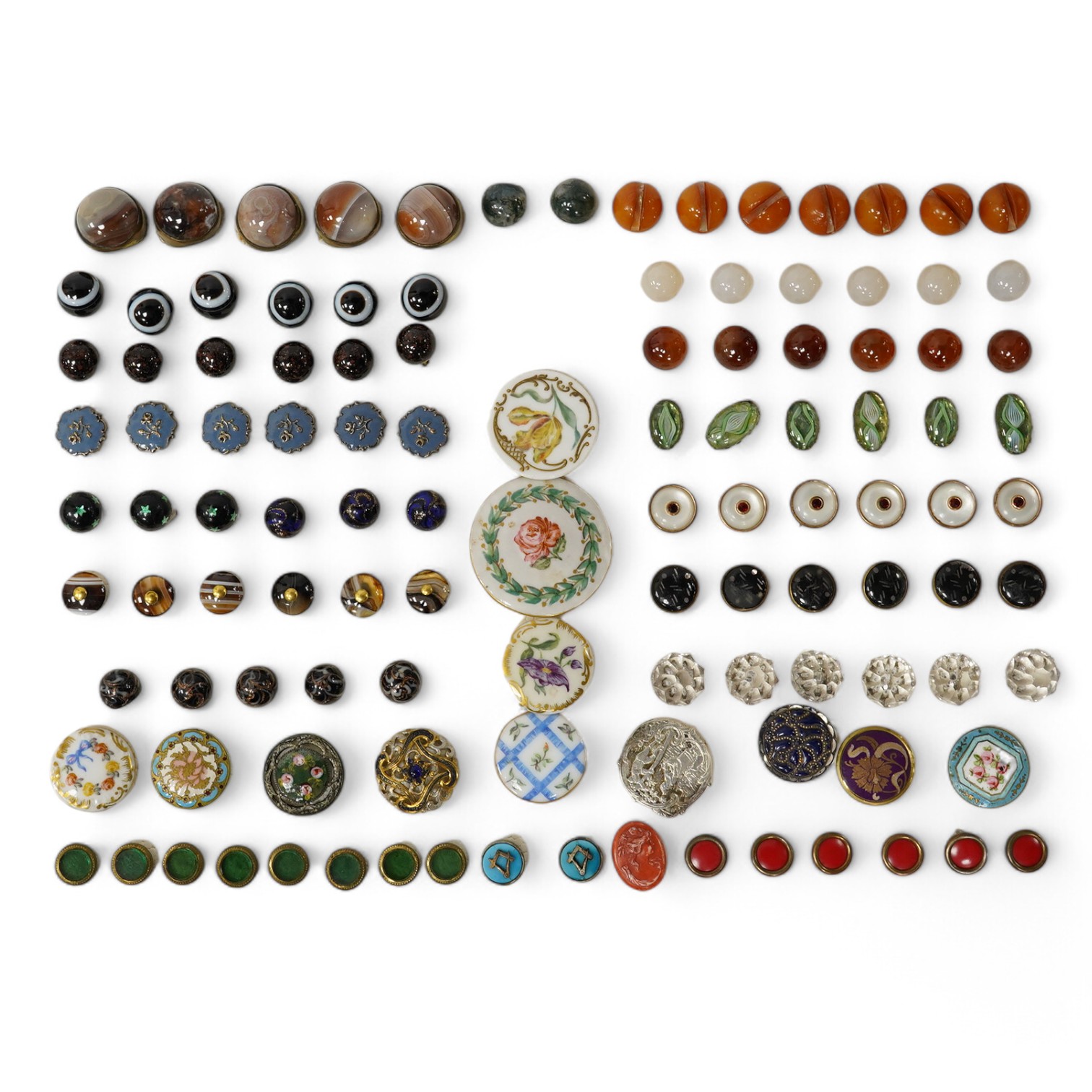 A collection of early 20th century buttons, including agate, ceramic and enamel, largest 43mm. Condition - good